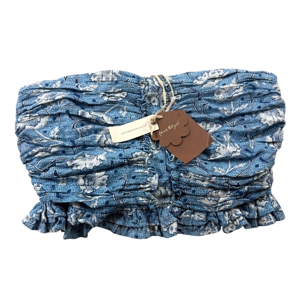Anthropologie Forever That Girl Bandeau Top Womens Medium Blue Floral NWT Ruched